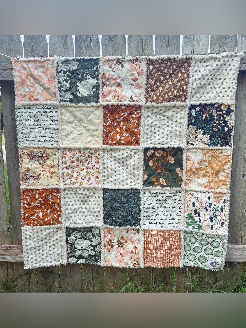 Handmade Woodland Baby Quilt: Patchwork Quilt, Cotton Rag Quilt